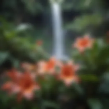 A close-up of vibrant tropical flowers blooming near a hidden waterfall, symbolizing ecological diversity