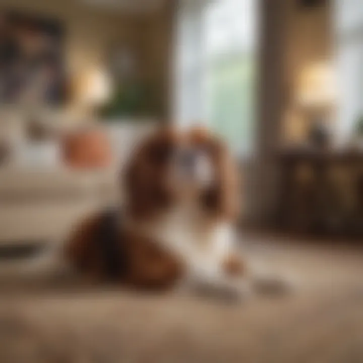 A cozy living room scene featuring a King Charles Spaniel resting