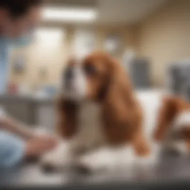 A King Charles Spaniel receiving a health check at the vet