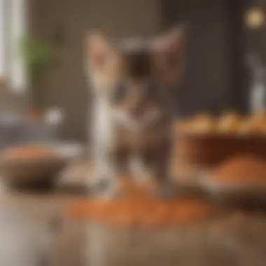 A playful kitten exploring its surrounding with a backdrop of high-quality kitten food options.