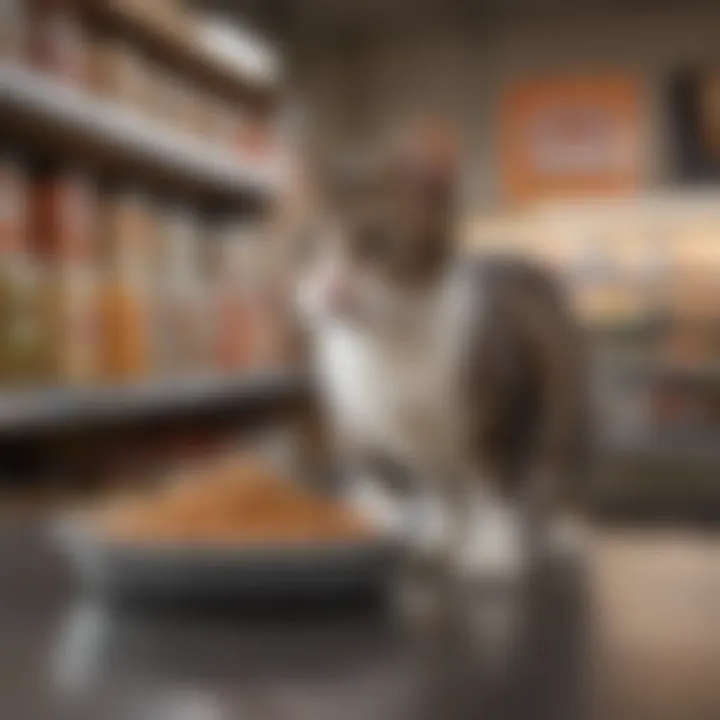 A cat owner thoughtfully selecting limited ingredient food among various brands at a pet store.