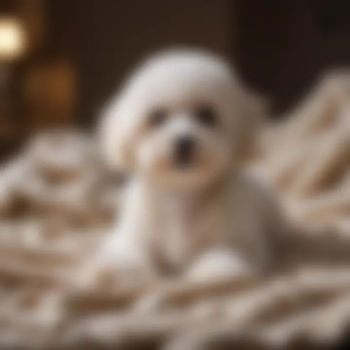 Happy Maltese-Poodle mix sitting on a cozy blanket