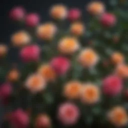 A vibrant display of various miniature rose varieties in full bloom, showcasing their unique colors and forms.