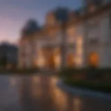 The elegant façade of Oheka Castle illuminated at dusk