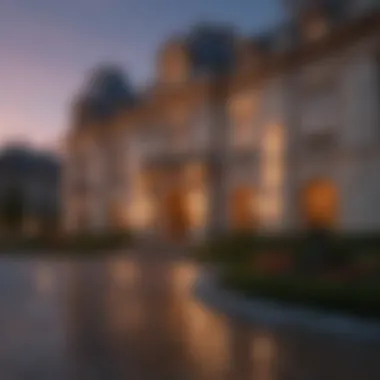 The elegant façade of Oheka Castle illuminated at dusk