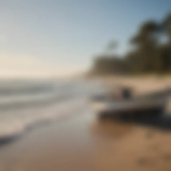 A serene beachside fishing location with boats in the background
