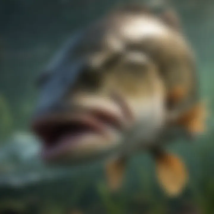 Close-up of a large bass caught in clear water.