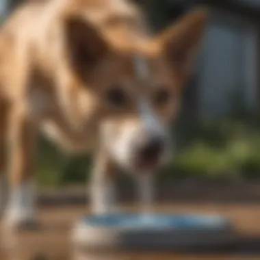 Playful Dog Using Spill-Proof Water Dish A playful dog drinking from a spill-proof water dish outdoors