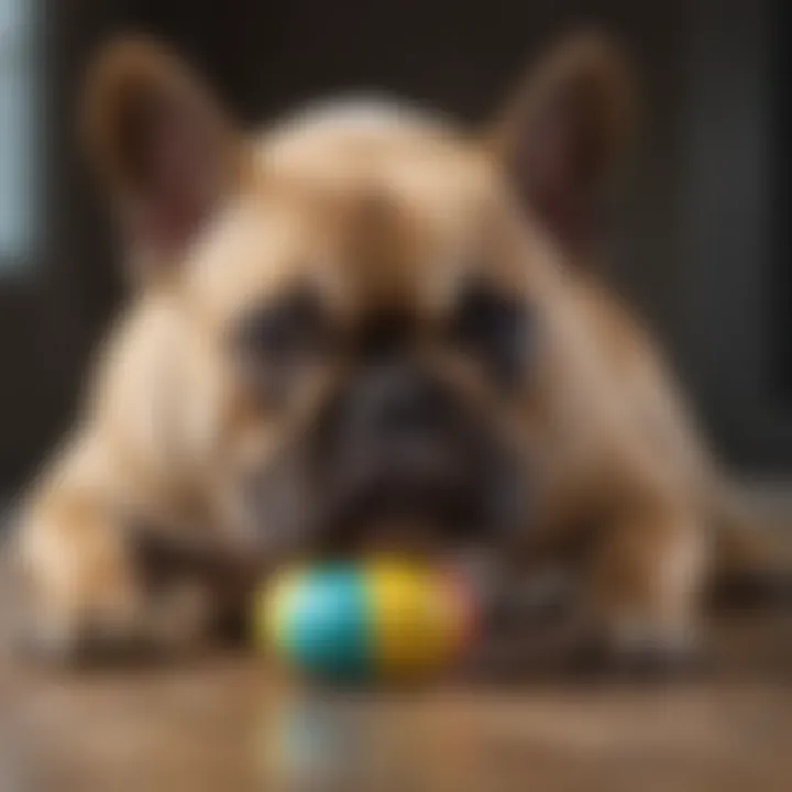 French bulldog playfully chewing on a colorful teething toy.