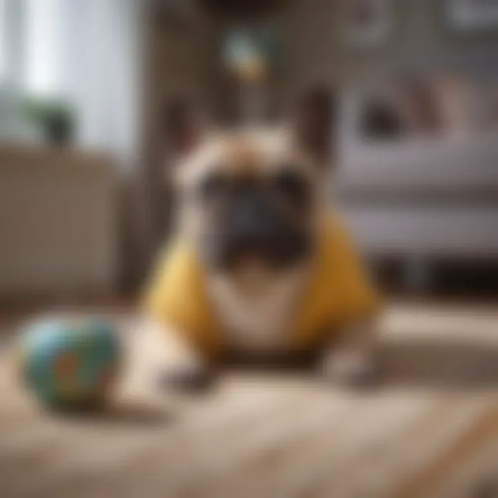 French bulldog enjoying a teething toy in a cozy home environment.