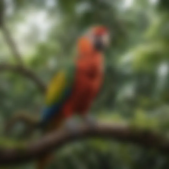 A colorful parrot perched on a branch amidst lush greenery