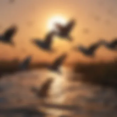 A flock of migratory birds flying in a V-formation against the sunset