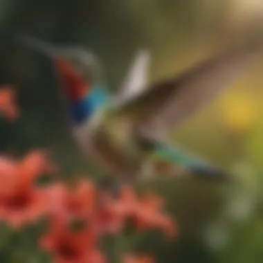 Hummingbird in Action A close-up of a colorful hummingbird hovering near vibrant flowers