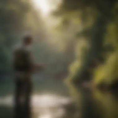 An angler practicing catch and release in a tranquil setting