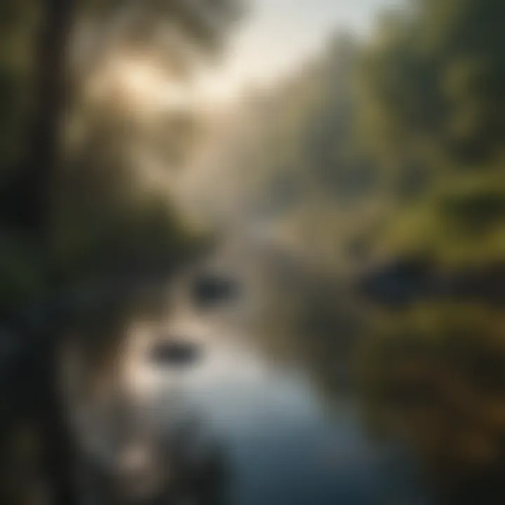 A serene river landscape showcasing diverse aquatic life