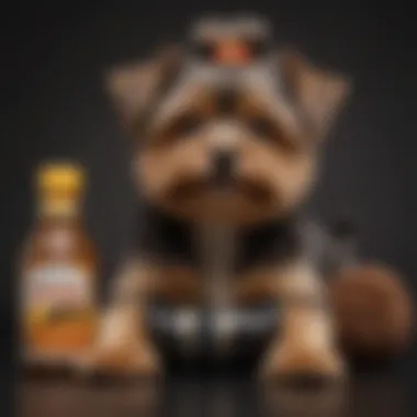 Brown and black Yorkie Poo sitting comfortably with a toy