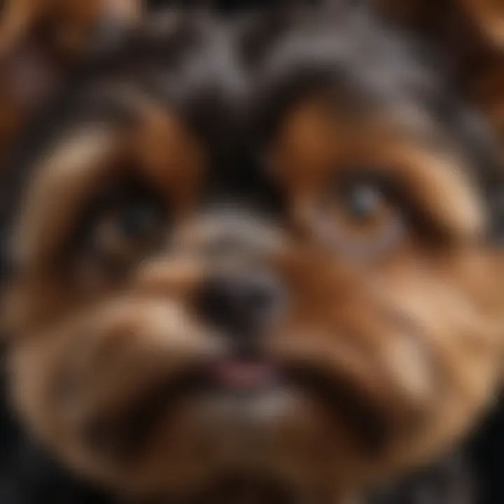 Close-up of a brown and black Yorkie Poo's expressive eyes