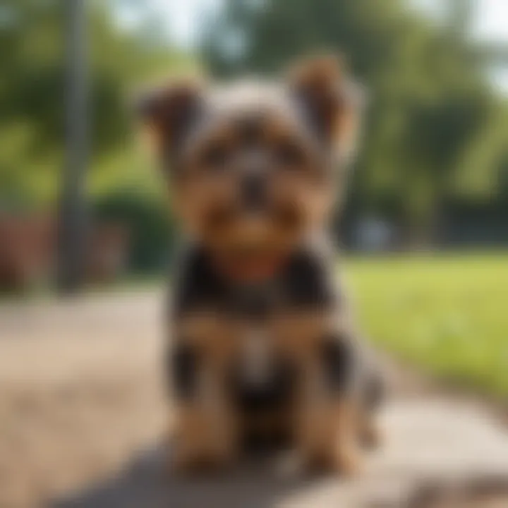 Playful brown and black Yorkie Poo in a park
