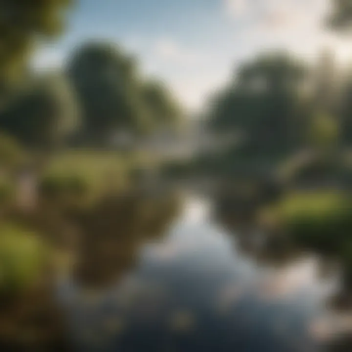 A picturesque pond surrounded by lush vegetation and wildlife.