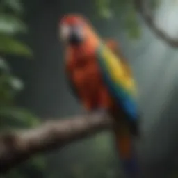 A vibrant parrot perched on a branch showcasing its colorful feathers