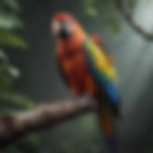 A vibrant parrot perched on a branch showcasing its colorful feathers