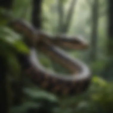 A strikingly patterned snake coiled around a branch in a lush rainforest