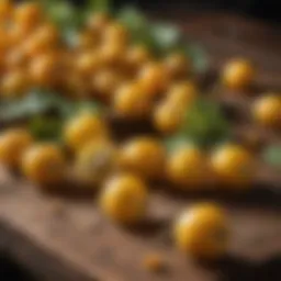 Close-up of golden gooseberries on a rustic wooden table showcasing their vibrant color and texture.