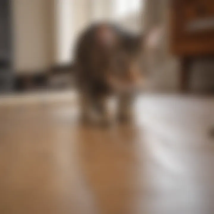 A cat energetically chasing a remote-controlled mouse across the living room floor.
