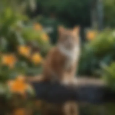 A serene garden scene featuring lilies alongside safety measures for cats, illustrating a harmonious yet cautious environment.