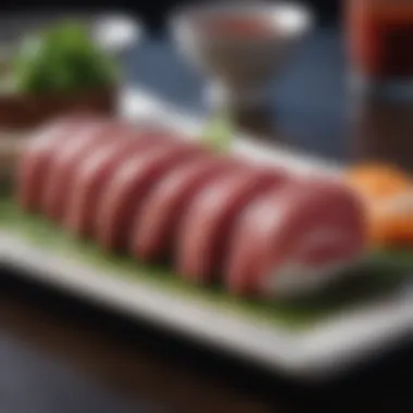 A vibrant plate of sushi featuring raw beef slices