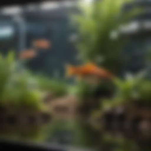 Close-up of a mini aquaponics kit showcasing plants and fish
