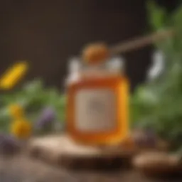 A jar of raw honey with a wooden dipper surrounded by fresh herbs and flowers.