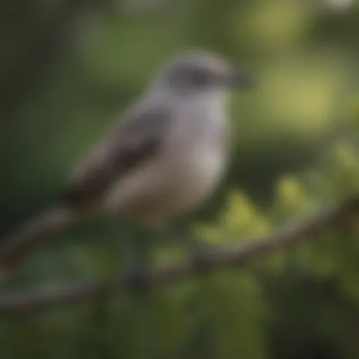 A mockingbird perched on a branch with vivid foliage