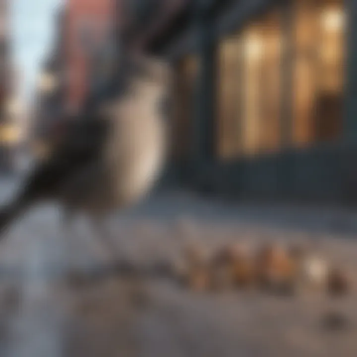 Mockingbirds foraging for food in an urban setting