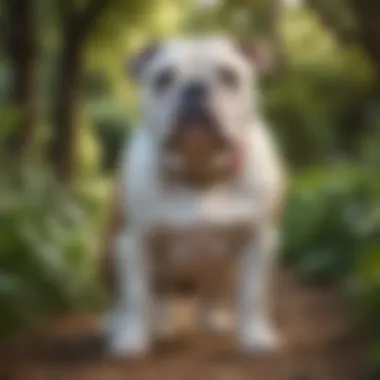 Old English Bulldog playing in a lush garden