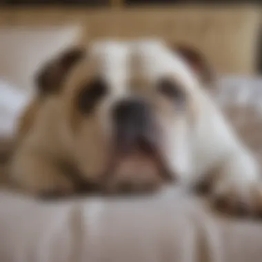 Old English Bulldog resting peacefully on a soft bed