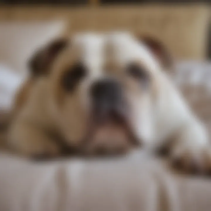 Old English Bulldog resting peacefully on a soft bed