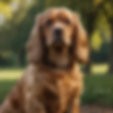 Elegant pure bred Cocker Spaniel standing proudly in a park.