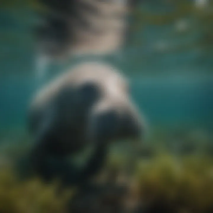 An underwater view of a manatee feeding on seagrass, highlighting its diet and habitat.