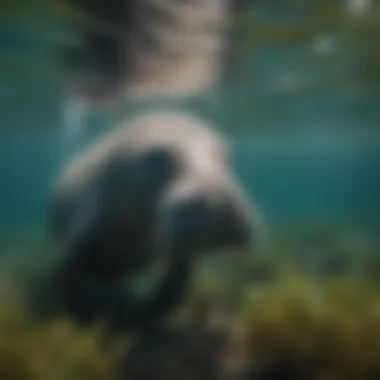 Feeding Habits in Natural Habitat An underwater view of a manatee feeding on seagrass, highlighting its diet and habitat.