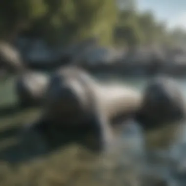 A group of manatees basking in the sun near a lush shoreline, illustrating their social behavior.