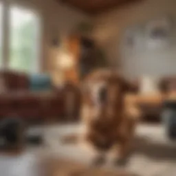 A cozy living room setting with a live pet camera focused on a playful dog