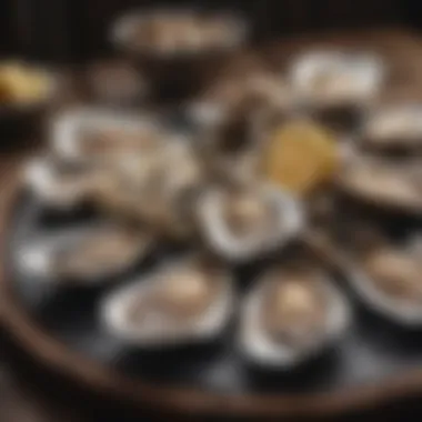 Artistic arrangement of various oyster species displayed on a rustic platter.