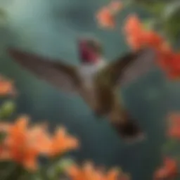 A vibrant hummingbird hovering near a cluster of flowers