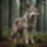 A majestic wolfdog standing in a forest landscape, showcasing its unique hybrid features.