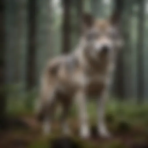 A majestic wolfdog standing in a forest landscape, showcasing its unique hybrid features.