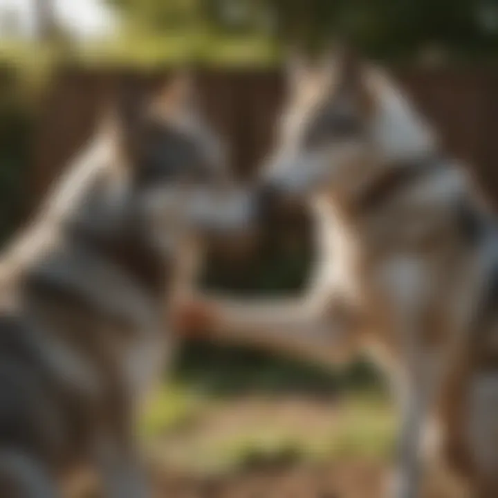 A serene image of a wolfdog interacting playfully with its owner in a backyard.