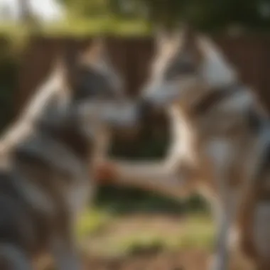 Cohabitation: Wolfdog and Owner A serene image of a wolfdog interacting playfully with its owner in a backyard.