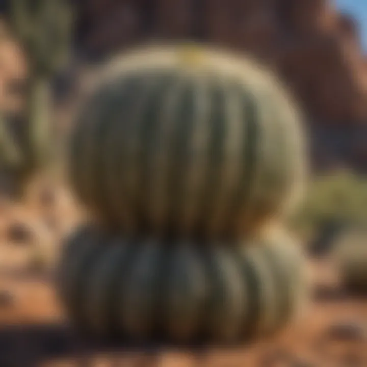 An intricately patterned cactus thriving in a rocky desert environment