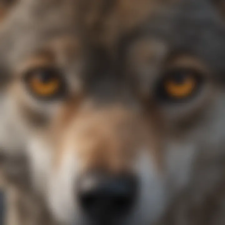 A close-up of a wolf's expressive eyes showcasing intelligence and emotion.